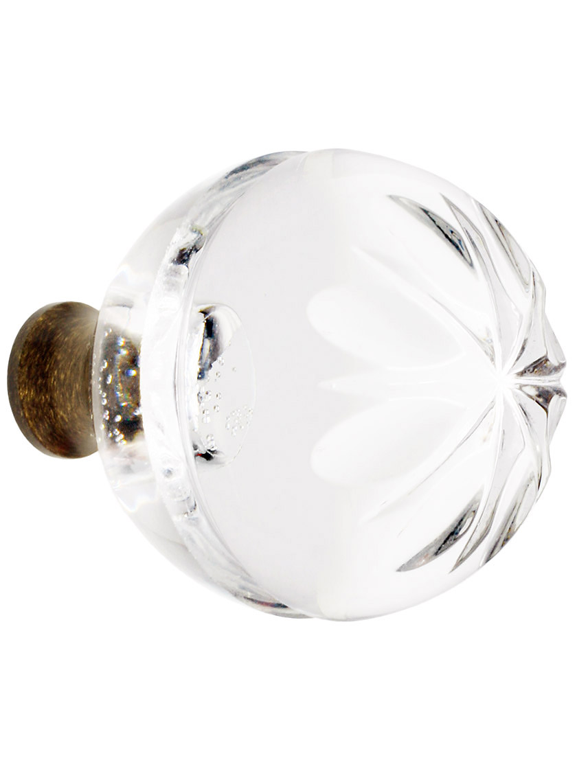 Lead Free German Crystal Knob With Etched Floral Top And Solid Brass Base in Antique Brass.